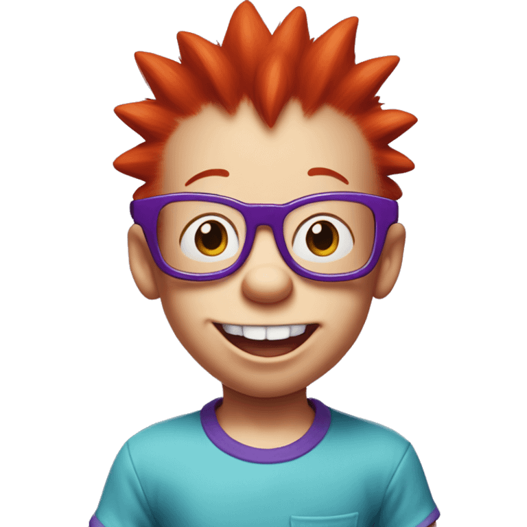 Rugrats, a red-haired baby with spiky hair and only 2 front teeth wearing purple square glasses and a blue shirt with red trim emoji