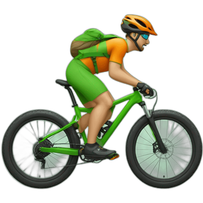 Mountain biker con bicicleta de color verde, y ropa naranja, corriendo a mucha velocidad emoji