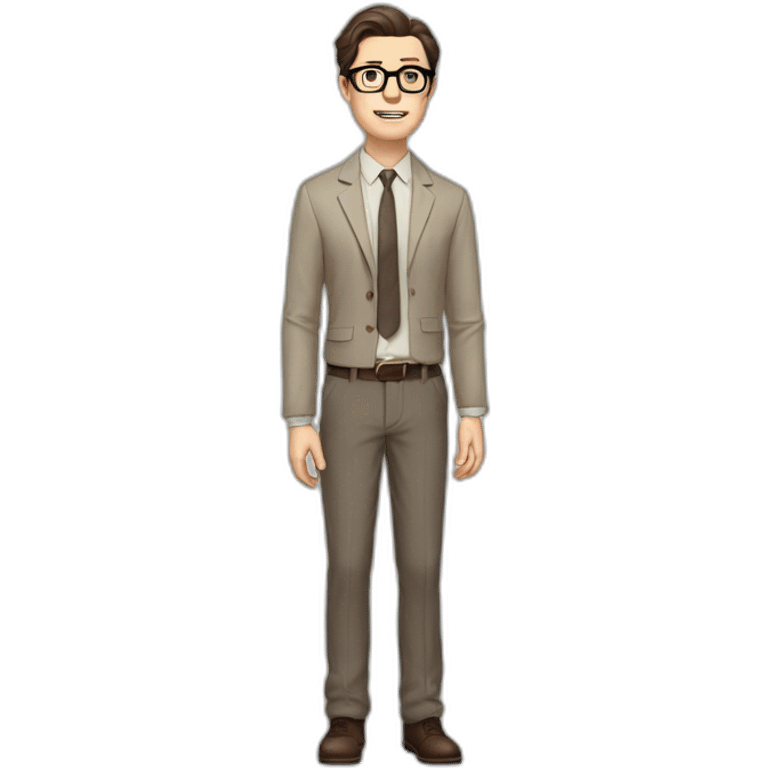 Full height Pale skinned Fit Man With dark brown hair in gray jacket, beige office shirt, tie, Brown pants and vintage glasses. Thrumbs of his palms directed up emoji