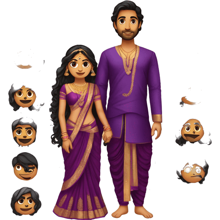 south indian girl fair with hair wearing dark purple lengha marrying south indian guy with straight hair and wearing dhoti in purple emoji