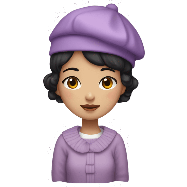 korean girl short black hair sharp jawline, wearing a lilac sweater and beret and bow emoji