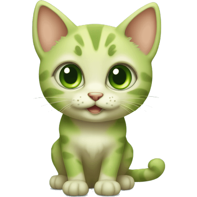 Funny and cute, Green kitten with big eyes, smiling emoji