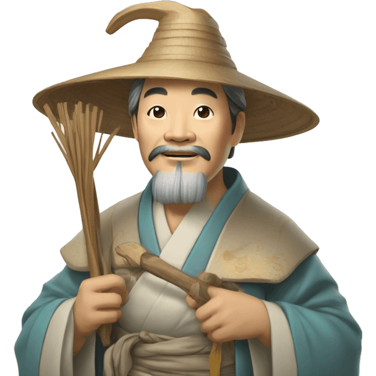 Lu Ban is a legendary figure in Chinese mythology, depicted as a clever craftsman often wearing wide robes, a broad-brimmed hat, and carrying woodworking tools. 🛠️🎩👕 emoji