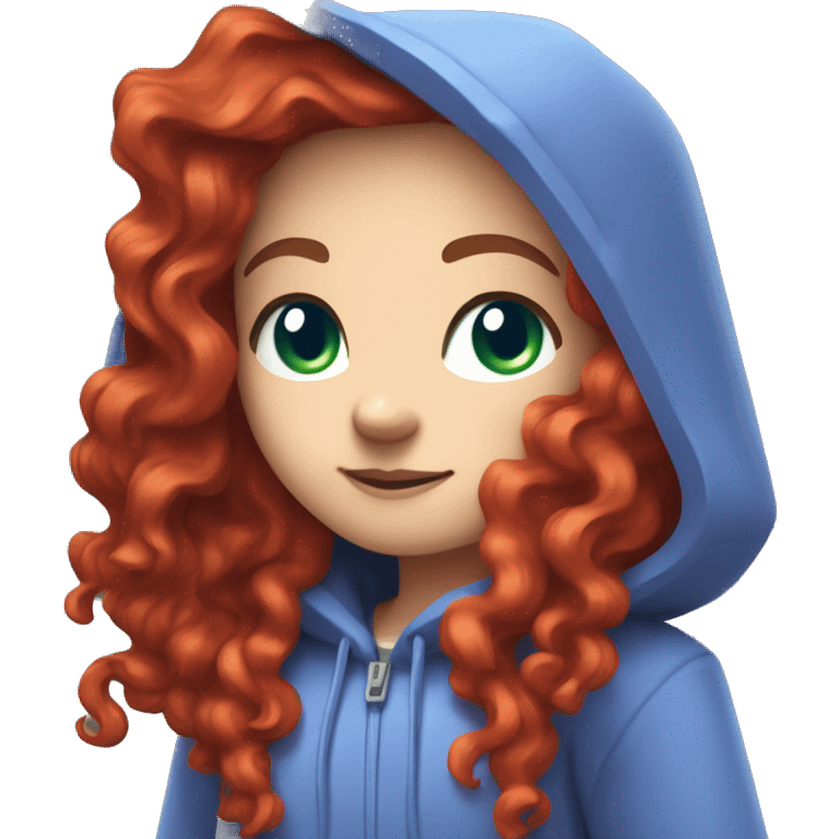 a white girl with long red curly hair, wearing periwinkle Minecraft hoodie playing a videogame emoji