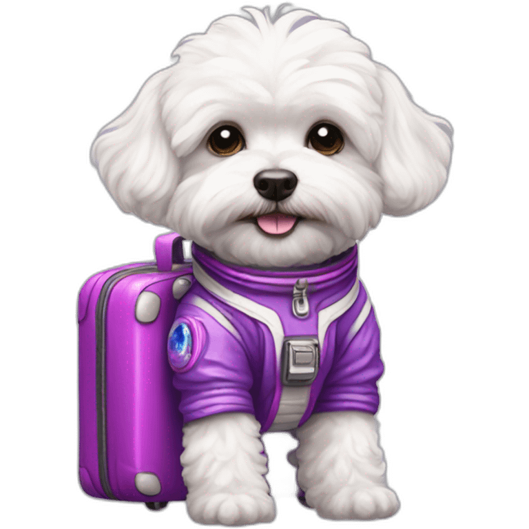 a white maltipoo as purple astronaut with a pink luggage emoji