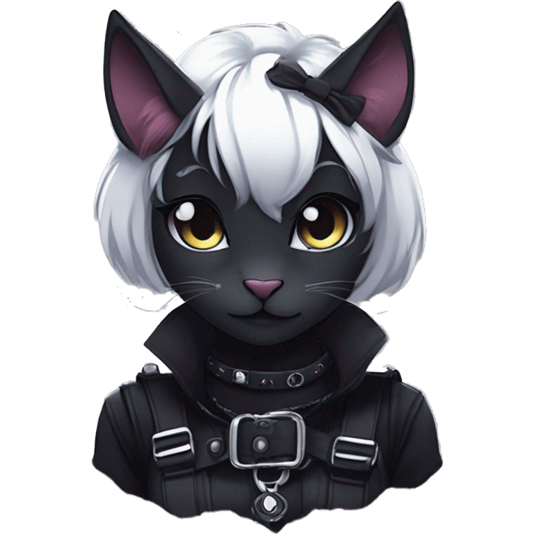 Gorgeous gothic dark techwear anime style anthro black cat furry with blushing face aesthetic and pretty edgy black with collar and harness trending style emoji