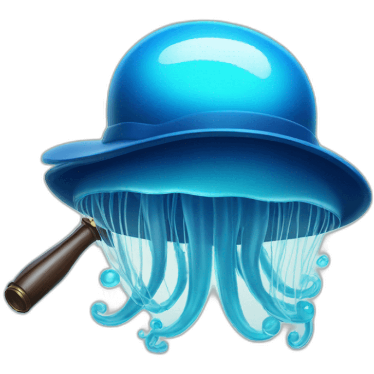 A translucent blue jellyfish with a classic detective's fedora and a magnifying glass, floating. emoji