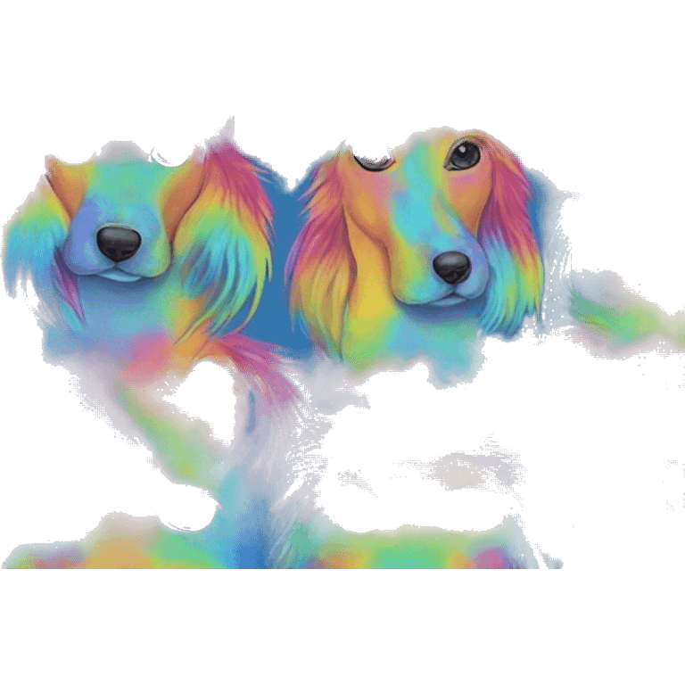 Multicolored rainbow retro groovy tie dye hippie trippy floral patterns on a metallic holographic iridescent blue dog face head unicorn emoji