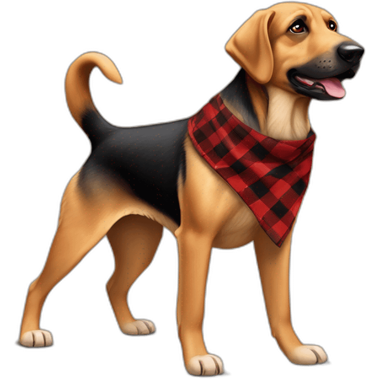 adult 75% Coonhound 25% German Shepherd mix dog with visible tail wearing small pointed red buffalo plaid bandana full body walking left quickly emoji