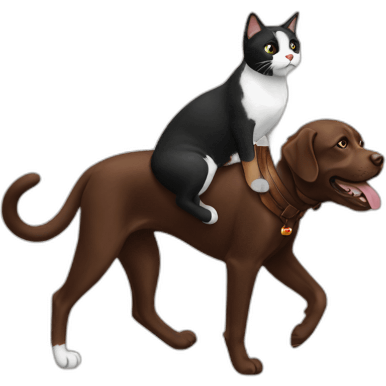 Black and white cat riding chocolate labrador emoji