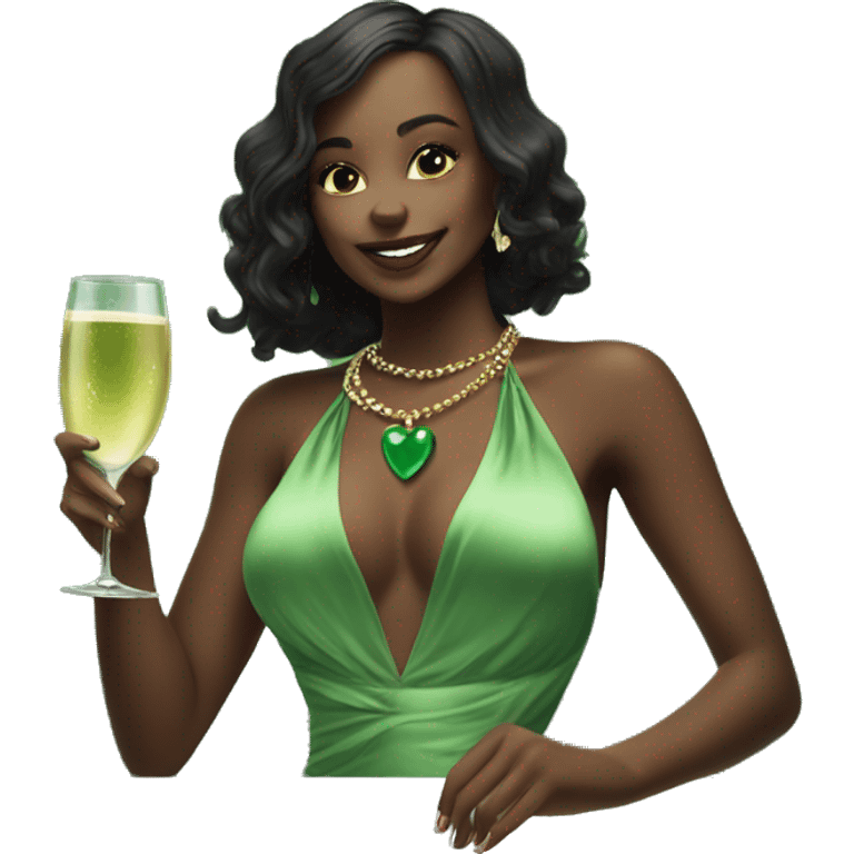 girl with heart necklace a Prosecco cup and a green silk backless halter neck  emoji