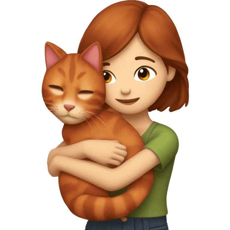 girl with brown hair bob hugging red cat emoji