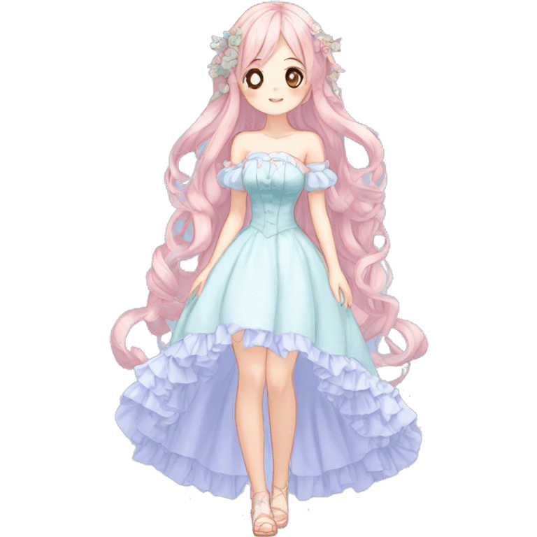 gorgeous pretty attractive anime lady beautiful hair with gorgeous dress fairycore cottagecore pastelcore detailed high quality trending VOGUE aesthetic full body emoji