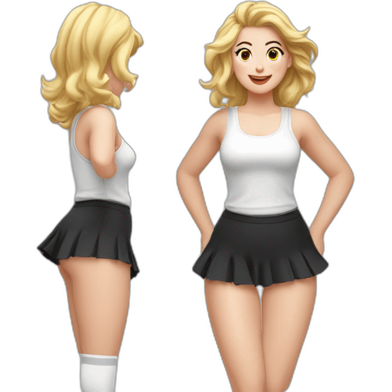 full-body-caucasian-curvy-beauty-jumping-short-black-skirt-back-and-front-views-strong-wind-knickers-long-white-socks emoji