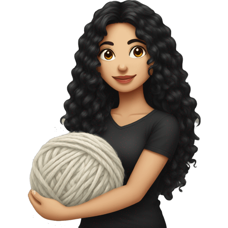 pretty Hispanic woman with long black curly hair holding one ball of yarn wearing a black shirt emoji