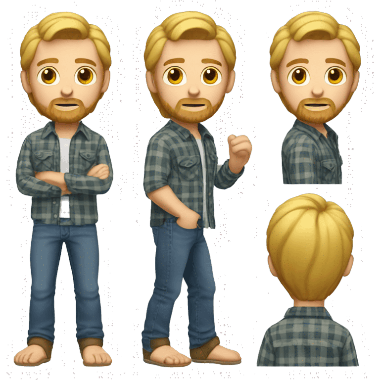 Blond bearded guy with flannel shirt, jeans, and bare feet emoji