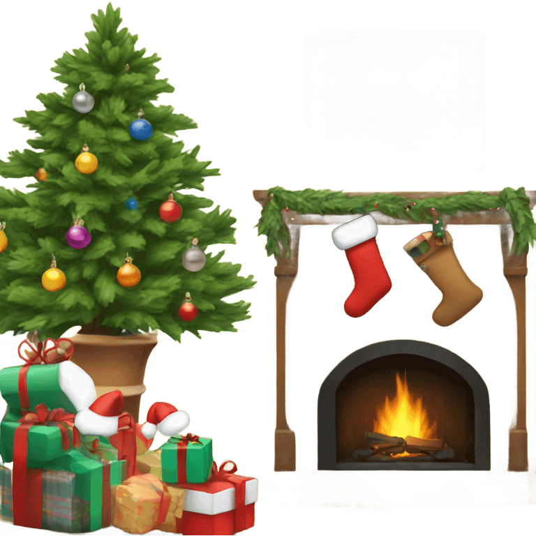 Christmas tree and stocking with a fireplace emoji