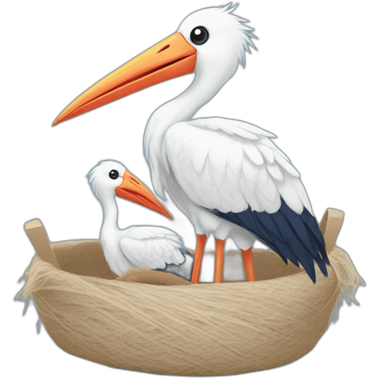 White stork carrying a blue bundle of cloth in its beak that has a human baby with dark hair and the baby head is peeking from the fabric bundle the strok is carrying with its beak emoji