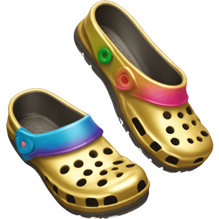 Realistic metallic gold and colorful pair of crocs shoes isolated.  emoji