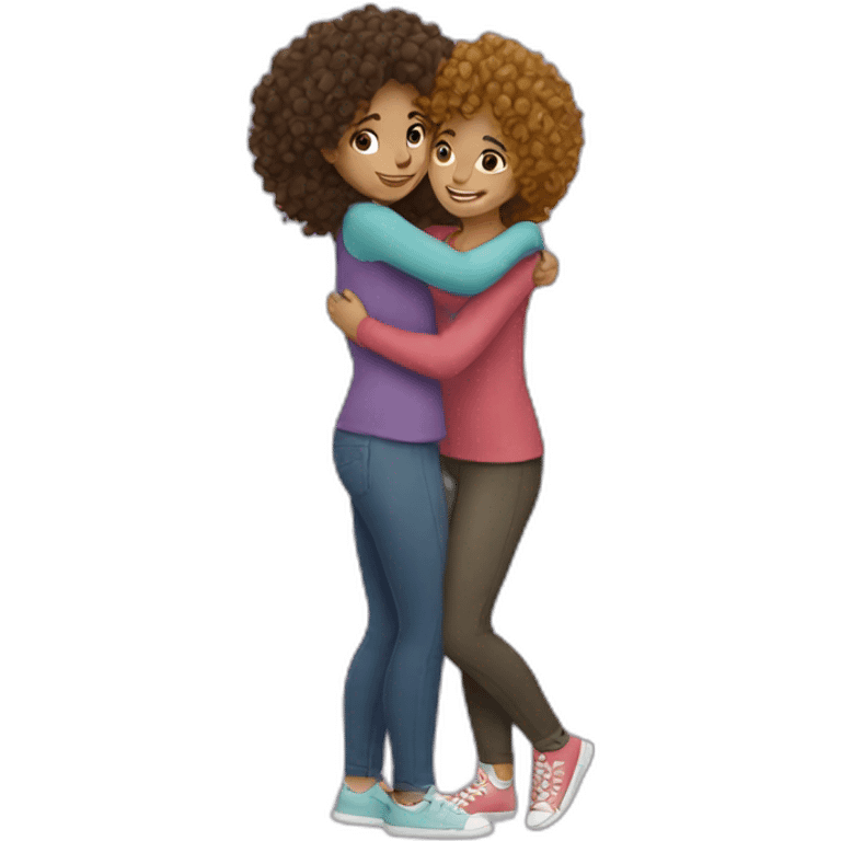 two friends girls with curly hair hugging emoji