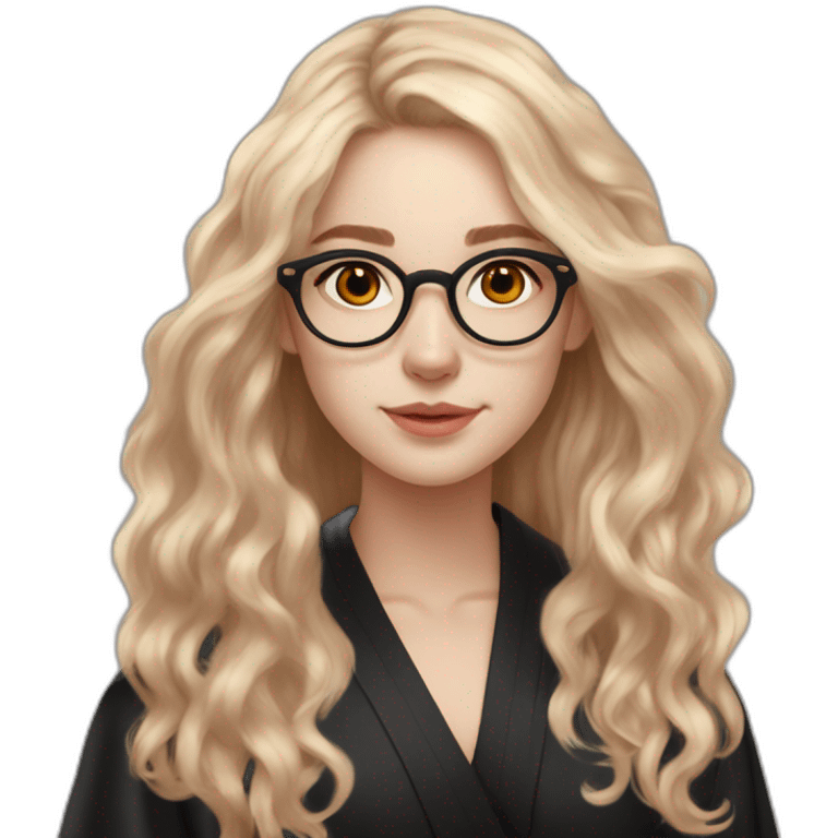 British white skin teenage girl very long wavy flax colored hair amber eyes rose gold round glasses white shirt black robe emoji