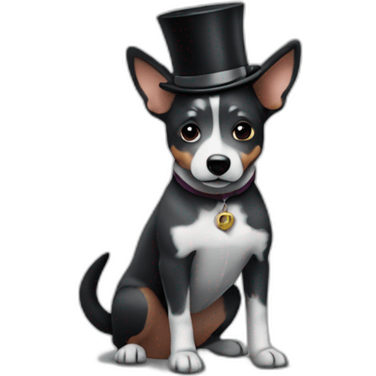 black and grey australian cattle dog in a tiny tophat emoji