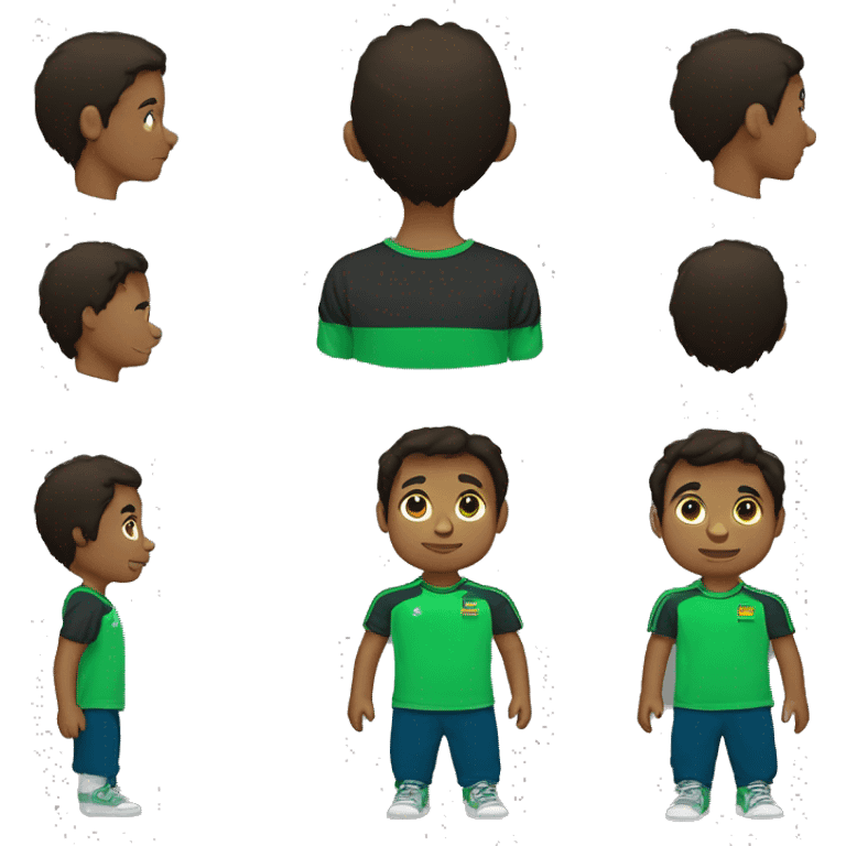 Niño de 12 años de pelo negro oscuro, corto y liso, con boca grande de nacionalidad ecuatoriana y con camiseta verde emoji