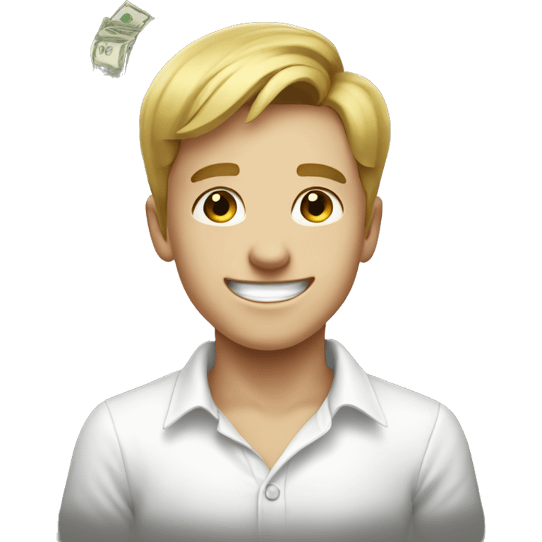 smiling boy in white shirt with money emoji