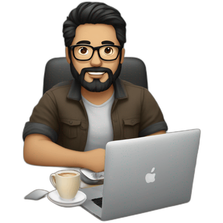 Designer with black hair, beard and glasses working with MacBook and drinking cappuccino  emoji