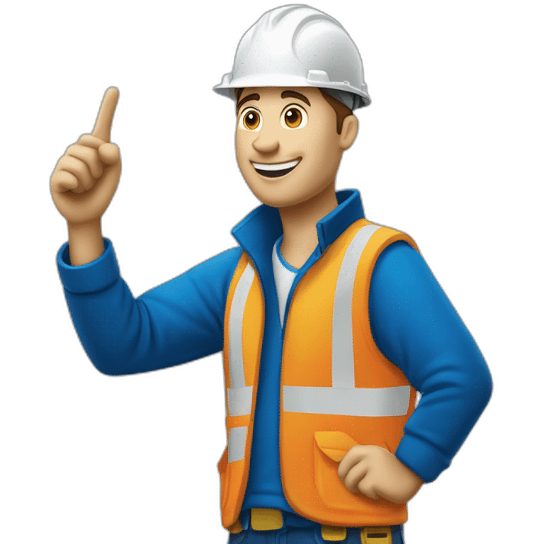 construction worker pointing left upwards in blue jacket and with logo cortusa group emoji