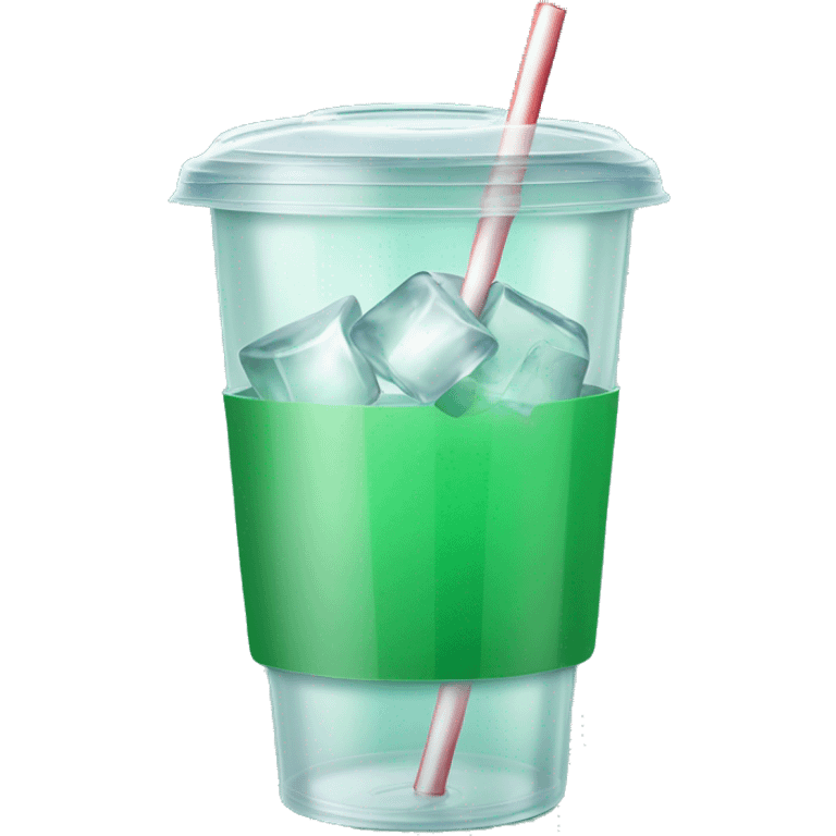 Realistic plastic cup and lid with half full Transluscent dark mint green and large ice cubes inside and one straw through the top of the lid. emoji