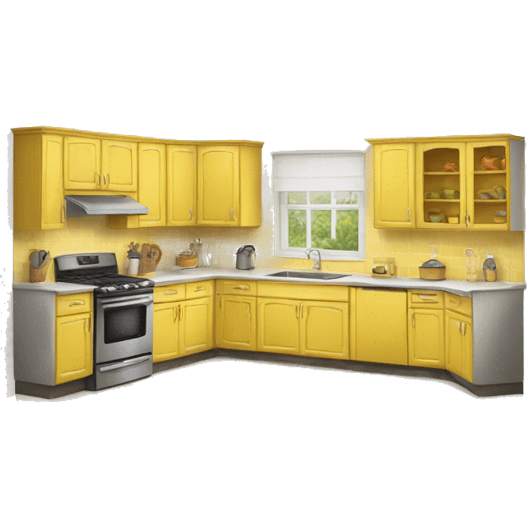 Realistic front facing yellow kitchen with hanging cabinets.  emoji