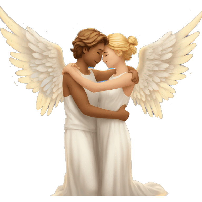  Create a heartwarming scene where wings of angels are gently embracing each other in a celestial hug emoji