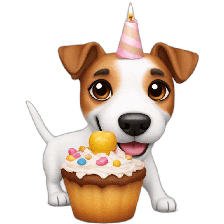 Jack Russell terrier soplando una vela en una torta de cumpleaños emoji