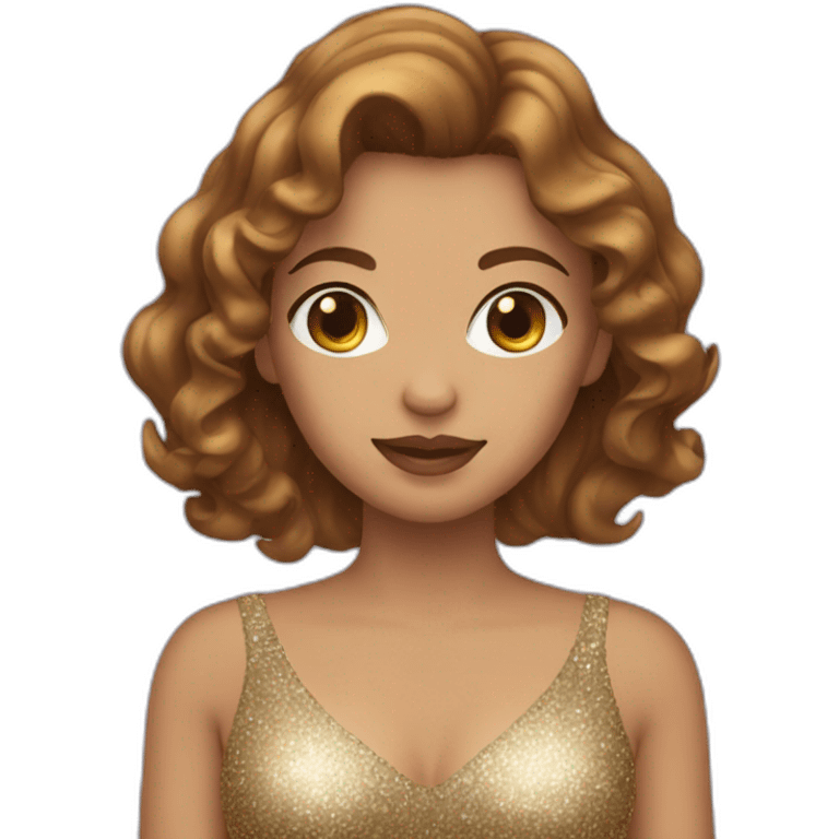 female with brown wavy hair dressed in a glitter dress emoji