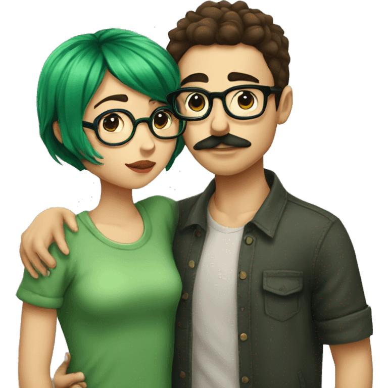 A heavy set boy with brown hair and a mustache is kissing a green haired girl who is thin and wearing glasses both have tattoos emoji