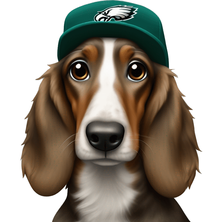 Long Haired Brindle Dacschund wearing Philadelphia Eagles hat emoji