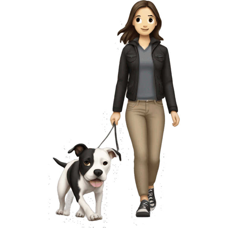 White brunette Girl walking a black pit bull emoji