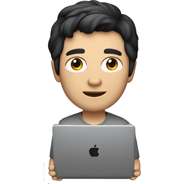 Create an image :  memoji of a male developper with a laptop in front,apple style,  modern, black hair, white skin, grey zip col swetter

 emoji