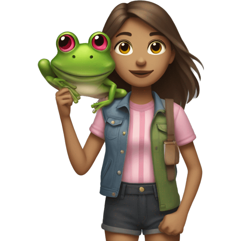 a girl who lives in brixton with medium length brown hair, with a pink streak through it, who is standing with a frog on her shoulder emoji