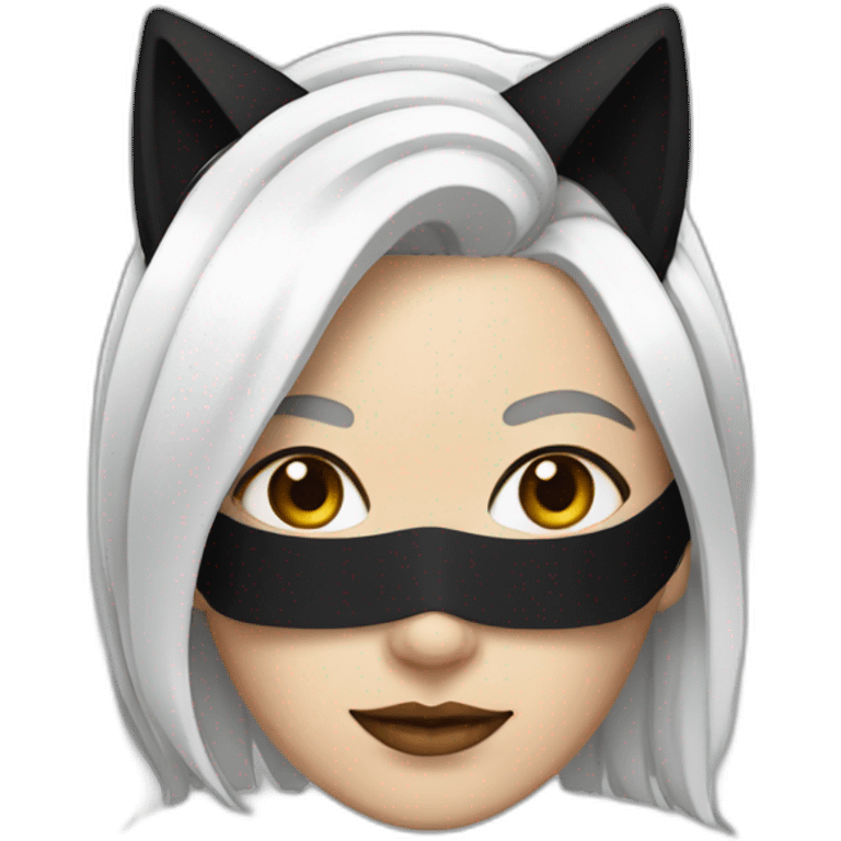 A woman with white hair and cat ears and a black mask around her eyes has white skin  emoji