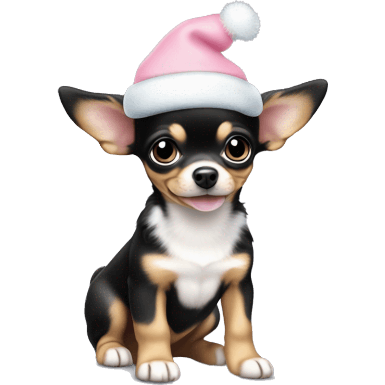 black & tan chihuahua puppy full body light blue eyes pink christmas hat on emoji