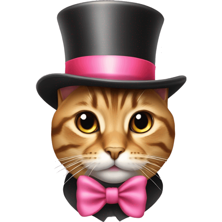 A tabby cat wearing a top hat that’s pink with a. Red bow emoji