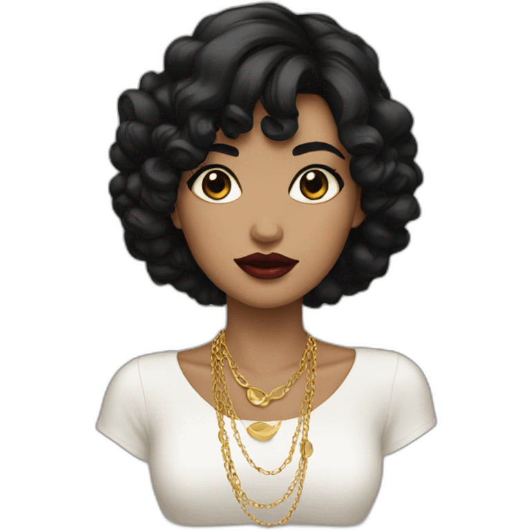 girl with black hair, dark eyes, gold earrings and necklace and bold lips emoji