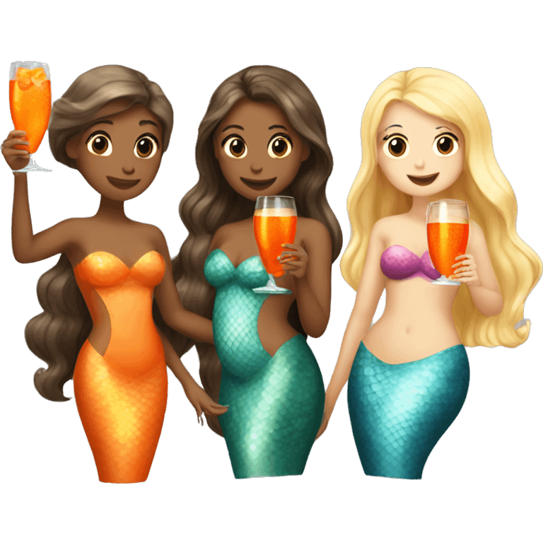 Three mermaids (1 blond, 2 brown hair) drinking aperol emoji