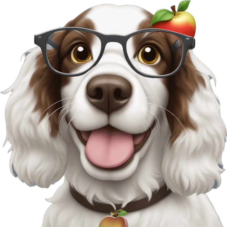 Isaac Newton as a white Springer Spaniel with an apple and glasses emoji