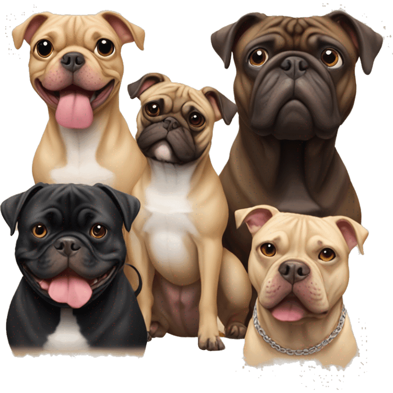 Five pugs and a pit bull next to eachother emoji