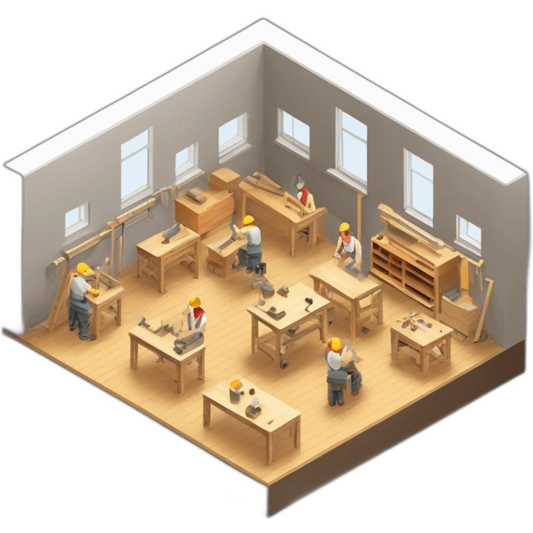 isometric square solid outline border containing indoor creative workshop handmade woodworking factory people actively working cnc machine tools simple clean industrial brutalist emoji