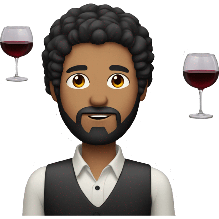 A man with black eyes and black hair and beard with glass with red wine emoji