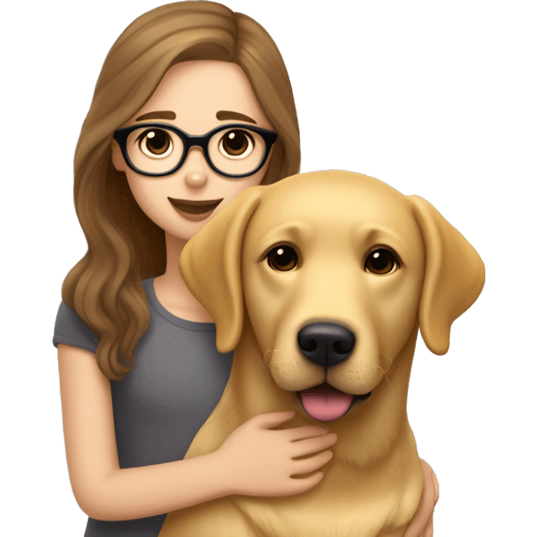 Golden Labrador retriever cuddles with a girl with brown  hair, glasses,  Lush eyelashes and a nose piercing emoji